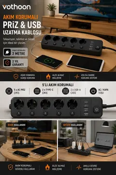 Akım Korumalı 5’li Priz 2xusb 2xtype-c Çıkış Akım Koruma Çoklu Priz Çoğaltıcı Anahtarlı Ftr-31 Siyah