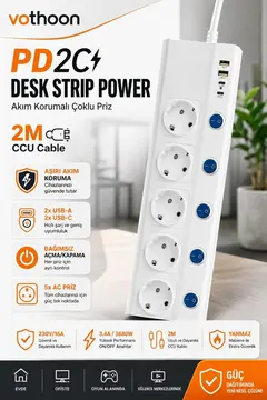 5’li Akım Korumalı Çoklu Priz 2 Metre Kablolu 3680w 16a 5 Anahtarlı 2usb-a 2 Usb-c Pd 20w Hızlı