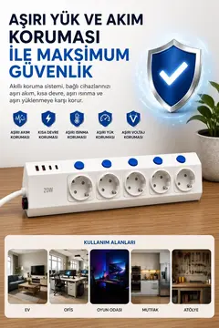 5’li Akım Korumalı Çoklu Priz 2 Metre Kablolu 3680w 16a 5 Anahtarlı 2usb-a 2 Usb-c Pd 20w Hızlı