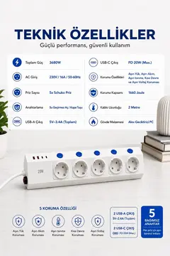 5’li Akım Korumalı Çoklu Priz 2 Metre Kablolu 3680w 16a 5 Anahtarlı 2usb-a 2 Usb-c Pd 20w Hızlı