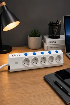 5’li Akım Korumalı Çoklu Priz 2 Metre Kablolu 3680w 16a 5 Anahtarlı 2usb-a 2 Usb-c Pd 20w Hızlı