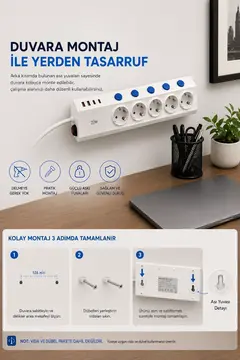 5’li Akım Korumalı Çoklu Priz 2 Metre Kablolu 3680w 16a 5 Anahtarlı 2usb-a 2 Usb-c Pd 20w Hızlı