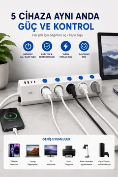 5’li Akım Korumalı Çoklu Priz 2 Metre Kablolu 3680w 16a 5 Anahtarlı 2usb-a 2 Usb-c Pd 20w Hızlı