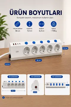 5’li Akım Korumalı Çoklu Priz 2 Metre Kablolu 3680w 16a 5 Anahtarlı 2usb-a 2 Usb-c Pd 20w Hızlı