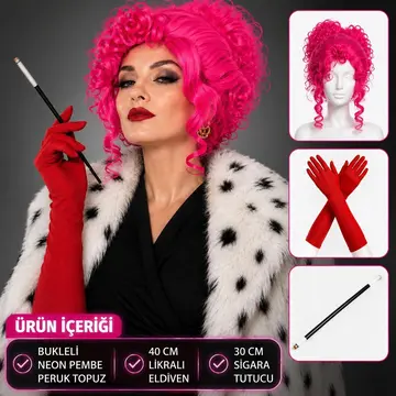 Neon Bukleli Pembe Peruk Uzun Kumaş Kırmızı Eldiven Ve  Tutucu Seti (3 Parça)