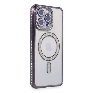 İphone 15 Pro Max Kılıf Joke Simli Magneticsafe Kılıf - Derin Mor