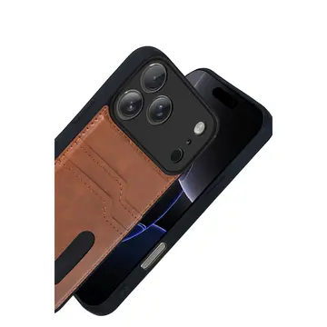 İphone 17 Pro Max Sara Kartvizitli Deri Kılıf - Taba