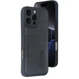 İphone 16 Pro Kılıf Sara Kartvizitli Deri Kılıf - Siyah