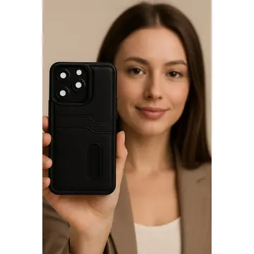 İphone 16e Kılıf Sara Kartvizitli Deri Kılıf - Siyah