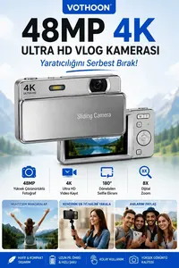 Dijital Kamera 4k Hd 48mp 8x Zoom Flaşlı Kayar Retro Video Kamera 2.4’’ Ekran 64gb Sd Kart Hediyeli Gümüş