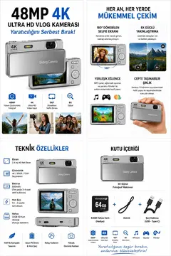 Dijital Kamera 4k Hd 48mp 8x Zoom Flaşlı Kayar Retro Video Kamera 2.4’’ Ekran 64gb Sd Kart Hediyeli Gümüş