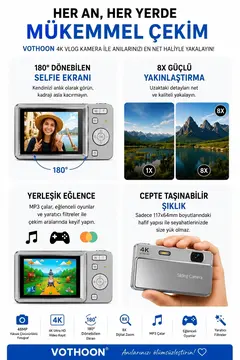 Dijital Kamera 4k Hd 48mp 8x Zoom Flaşlı Kayar Retro Video Kamera 2.4’’ Ekran 64gb Sd Kart Hediyeli Gümüş