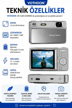 Dijital Kamera 4k Hd 48mp 8x Zoom Flaşlı Kayar Retro Video Kamera 2.4’’ Ekran 64gb Sd Kart Hediyeli Gümüş