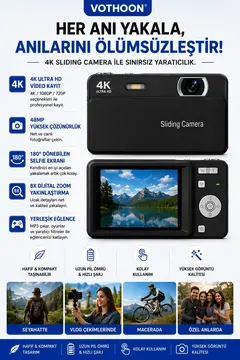 Dijital Kamera 4k Hd 48mp 8x Zoom Flaşlı Kayar Retro Video Kamera 2.4’’ Ekran 64gb Sd Kart Hediyeli Siyah