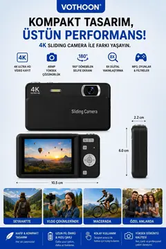 Dijital Kamera 4k Hd 48mp 8x Zoom Flaşlı Kayar Retro Video Kamera 2.4’’ Ekran 64gb Sd Kart Hediyeli Siyah