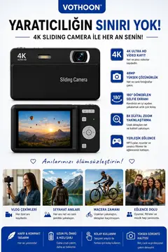Dijital Kamera 4k Hd 48mp 8x Zoom Flaşlı Kayar Retro Video Kamera 2.4’’ Ekran 64gb Sd Kart Hediyeli Siyah