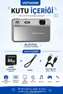 Dijital Kamera 4k Hd 48mp 8x Zoom Flaşlı Kayar Retro Video Kamera 2.4’’ Ekran 64gb Sd Kart Hediyeli Siyah