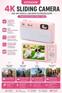 Dijital Kamera 4k Hd 48mp 8x Zoom Flaşlı Kayar Retro Video Kamera 2.4’’ Ekran 64gb Sd Kart Hediyeli Pembe