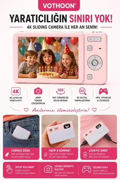 Dijital Kamera 4k Hd 48mp 8x Zoom Flaşlı Kayar Retro Video Kamera 2.4’’ Ekran 64gb Sd Kart Hediyeli Pembe