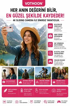 Dijital Kamera 4k Hd 48mp 8x Zoom Flaşlı Kayar Retro Video Kamera 2.4’’ Ekran 64gb Sd Kart Hediyeli Pembe