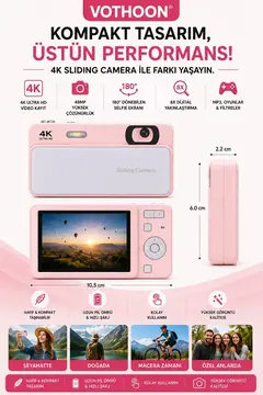 Dijital Kamera 4k Hd 48mp 8x Zoom Flaşlı Kayar Retro Video Kamera 2.4’’ Ekran 64gb Sd Kart Hediyeli Pembe