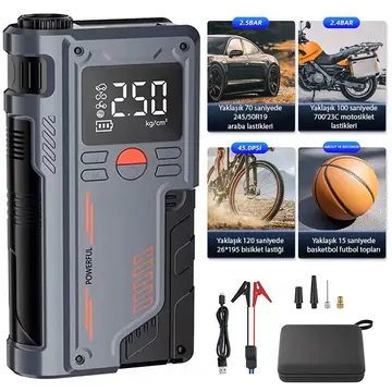 EZERE ST-9631 Pro Taşınabilir Göstergeli Araç Lastik Şişirme Ve Starter Akü Takviye Seti