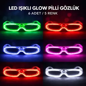 Led Işıklı Glow Pilli Parti Gözlüğü - Glow Efektli 6 Adet 5 Renk