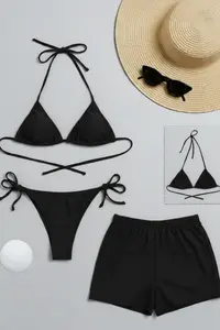 Kadın 3'lü Set Siyah Şortlu ve Yandan Bağlamalı Bikini Mayo Takımı
