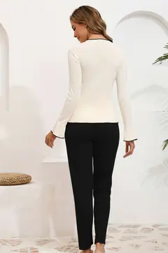 Kadın Fiyonklu Uzun Kollu Ekru Üst Siyah Alt Pijama Takımı
