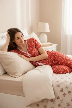 Kadın Turuncu Kalp Desenli Fiyonklu Kısa Kollu Uzun Pijama Takımı