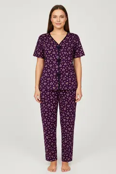 Kadın Mor Kalp Desenli Fiyonklu Kısa Kollu Uzun Pijama Takımı