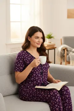 Kadın Mor Kalp Desenli Fiyonklu Kısa Kollu Uzun Pijama Takımı