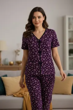 Kadın Mor Kalp Desenli Fiyonklu Kısa Kollu Uzun Pijama Takımı