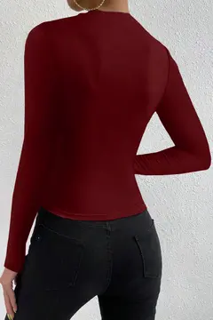 Kadın Bordo Belden ve Boyundan Büzgü Detaylı Uzun Kollu Bluz