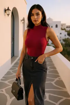 Kadın Bordo Kolsuz Balıkçı Yaka Basic Bluz