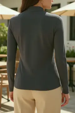 Kadın Antrasit Gri Parmak Detaylı Esnek Uzun Kollu Body