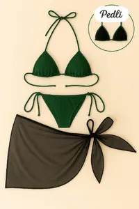 Kadın Yeşil Siyah Pareolu Yandan ve Boyundan Bağlamalı 3'lü Bikini Takımı