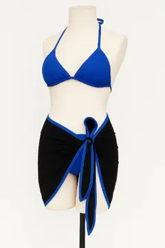 Kadın Mavi Pareolu Yandan ve Boyundan Bağlamalı 3'lü Bikini Takımı