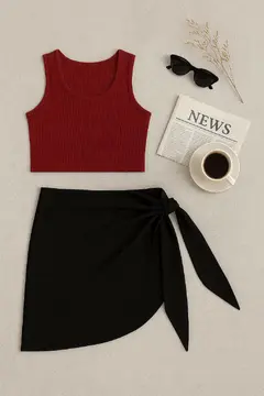 Kadın Bordo Yuvarlak Yaka Crop ve Siyah Pareo 2'li Set