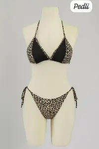 Kadın Siyah ve Leopar Detaylı Yandan Bağlamalı Bikini Takımı