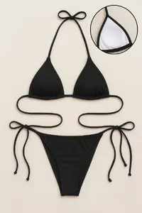 Kadın Siyah Yandan ve Boyundan Bağlamalı Bikini Mayo Takımı