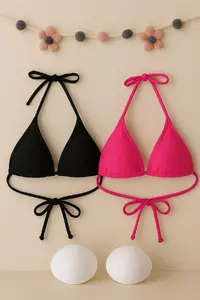 Kadın Siyah ve Fuşya Minimal Kesim Üçgen Bikini Üstü