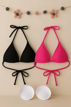Kadın Siyah ve Fuşya Minimal Kesim Üçgen Bikini Üstü