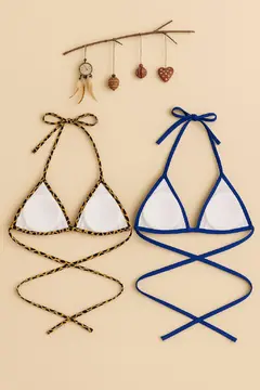 Kadın Leopar Desenli ve Mavi Minimal Kesim Üçgen Bikini Üstü