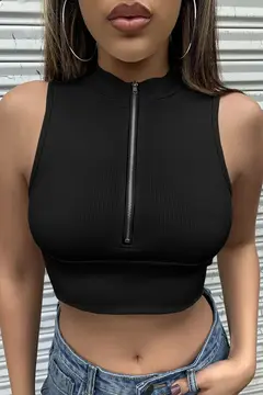 Kadın Siyah Yarım Fermuarlı Sıfır Kol Crop Top Bluz