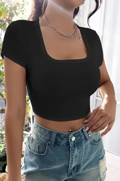 Kadın Siyah Yarım Kol Düz Yaka Crop Top Bluz