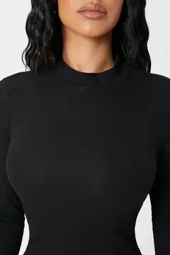 Kadın Siyah Kaşkorse Balıkçı Yaka Uzun Kollu Bodycon Mini Elbise