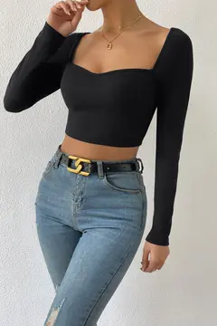 Kadın Siyah Uzun Kol Göğüs Dekolteli Şık Crop Top Bluz