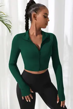 Kadın Yeşil Uzun Kol Fermuarlı Parmak Geçme Detaylı Dik Yaka Crop Top Bluz