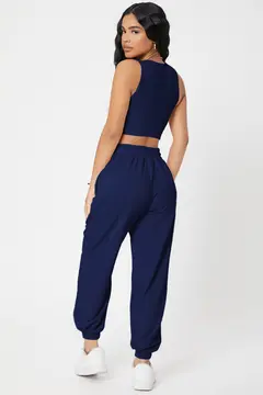 Kadın Lacivert Kaşkorse Cepli Jogger Eşofman Altı ve Crop Top Bluz